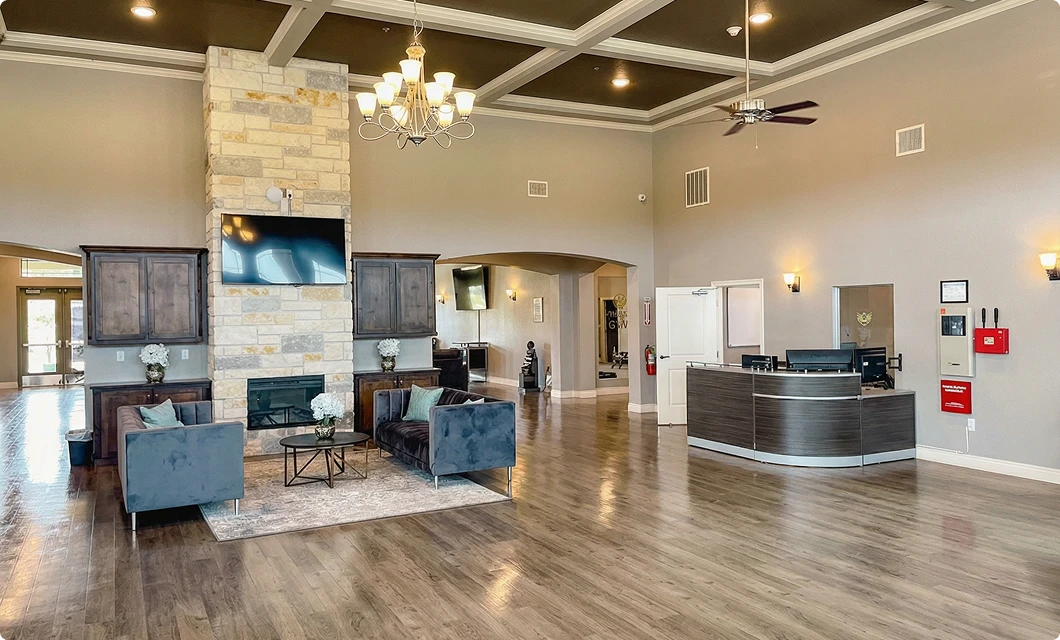 Open lobby and common area with comfortable seating